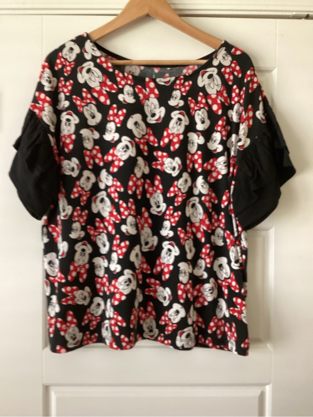 Disney Black Minnie Mouse Bow Print Ruffle Sleeve Top